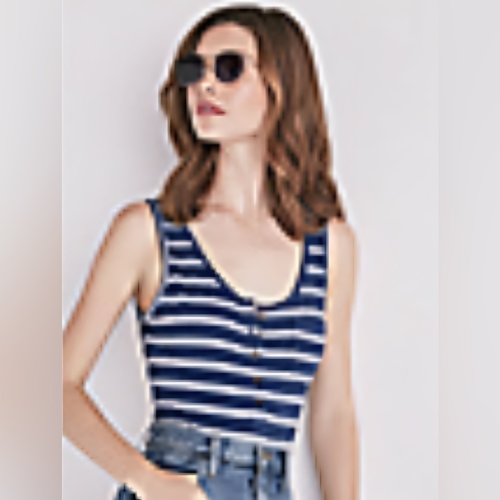 Lucky Brand Striped Henley Tank Bodysuit In Blue & Grey Snap Closure Size S